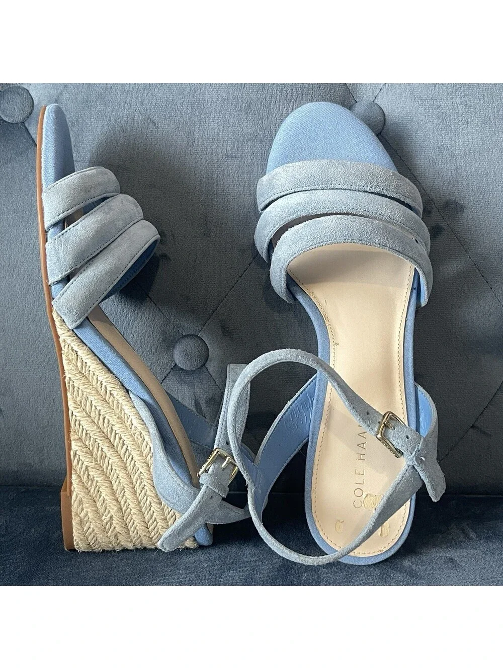 Cole Haan Woman's 6B Jasmine  Espadrille Wedge Blue Suede Gold 3” Heel Sandals